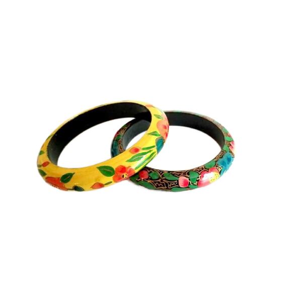 Vintage Hand Painted Wood Bangle Bracelets, Set of 5 - Picture 3 of 10